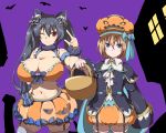  2girls :&lt; animal_ears bare_shoulders basket bat black_bow black_hair black_jacket blanc blue_bow blue_cape blue_eyes blue_ribbon bow breasts brooch brown_hair bubble_skirt building cape cat_ears cat_tail choujigen_game_neptune collared_shirt commentary_request cowboy_shot crown495 frills garters hair_bow hand_up hat hat_bow holding holding_basket huge_breasts jacket jewelry long_hair long_sleeves looking_at_viewer midriff multiple_girls navel neptune_(series) noire one_eye_closed orange_skirt outstretched_arm paw_print plump pumpkin_hat purple_background red_eyes ribbon scrunchie shirt short_hair simple_background skindentation skirt smile stomach striped striped_bow tail thighhighs twintails window wrist_scrunchie 