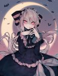  bat blood blood_from_mouth bonnet bow crescent_moon dress frilled_dress frills gothic_lolita lolita_fashion moon overlord_(maruyama) pale_skin parororo red_eyes shalltear_bloodfallen silver_hair striped striped_bow undead vampire 