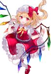  1girl :d arms_up bangs blonde_hair blush commentary contrapposto curled_fingers eyebrows_visible_through_hair fangs fingernails flandre_scarlet floating_hair folded_leg full_body hat hat_ribbon high_heels looking_at_viewer mary_janes mob_cap open_mouth pantyhose petticoat pointy_ears puffy_short_sleeves puffy_sleeves red_eyes red_footwear red_nails red_skirt red_vest ribbon sakipsakip shirt shoes short_sleeves simple_background skin_fangs skirt smile solo standing touhou twitter_username vest white_background white_headwear white_legwear white_shirt wings wrist_cuffs yellow_neckwear yellow_ribbon 