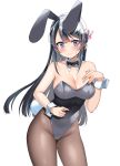  1girl animal_ears bare_shoulders black_bow black_hair black_neckwear blue_eyes blush bow bowtie breasts brown_legwear bunny_ears bunny_hair_ornament bunny_tail bunnysuit cleavage closed_mouth collarbone eyebrows_visible_through_hair fake_animal_ears fake_tail hair_ornament hairband hairclip hand_on_own_chest highres large_breasts long_hair looking_at_viewer pantyhose piyopoyo sakurajima_mai seishun_buta_yarou solo sweatdrop tail very_long_hair wrist_cuffs 