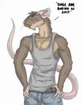  anthro bottomwear brown_body brown_fur cigarette clothing ear_piercing ear_ring fur jeans male mammal murid murine pants piercing rat rodent shirt simple_background solo tank_top topwear whimsicalsquirrel white_background 