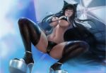  1girl absurdly_long_hair absurdres animal_ears artist_request atago_(azur_lane) atago_(stunning_speedster)_(azur_lane) azur_lane bikini black_bikini black_hair black_legwear breasts extra_ears from_below high_heels highres huge_filesize large_breasts long_hair looking_at_viewer looking_down panties parasol race_queen ribbon solo swimsuit thighhighs two-tone_bikini umbrella underwear very_long_hair white_ribbon yellow_eyes 