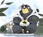  2020 anthro black_body black_fur black_nose duo eyes_closed fur humanoid_hands hyaku_(artist) kemono kubfu legendary_pok&eacute;mon nintendo outside pok&eacute;mon pok&eacute;mon_(species) sitting urshifu video_games water 