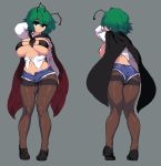  1girl antennae ass bikini bikini_top black_bikini black_footwear blue_shorts breasts brown_legwear cape cutoffs eyepatch_bikini green_eyes green_hair grey_background large_breasts long_hair looking_at_viewer micro_shorts multiple_views open_fly pantyhose pigeon-toed pixel_art shirt shoes short_hair shorts simple_background standing swimsuit takorin thighband_pantyhose thighs touhou white_shirt wriggle_nightbug 