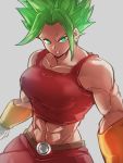  1girl abs belt_buckle breasts buckle crop_top dragon_ball dragon_ball_super earrings forehead green_eyes green_hair grey_background jewelry kefla_(dragon_ball) kemachiku large_breasts looking_at_viewer midriff muscle muscular_female pants potara_earrings red_tank_top solo spiked_hair super_saiyan tank_top vambraces 