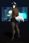  anthro arctic_fox big_breasts bottomwear breasts canid canine clothed clothing female footwear fox hand_on_hip high_heels llmixll looking_at_viewer looking_back mammal shoes skirt smile solo 