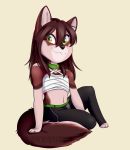  2020 anthro brown_hair canid canine canis digital_media_(artwork) female fingers hair hi_res mammal sitting skylar_zero smile solo toes trexqueen wolf yellow_eyes 