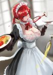  1girl :o apron aqua_eyes blush boudica_(fate/grand_order) bow bowtie breasts detached_collar fate/grand_order fate_(series) from_above glass indoors jikihatiman large_breasts maid maid_headdress nipples plate puffy_sleeves red_hair see-through solo tray wet wet_clothes window windows 
