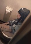  1girl bangs bathroom blue_sailor_collar blunt_bangs blush bottomless dark facing_to_the_side hatsuyuki_(kantai_collection) highres hime_cut indoors kantai_collection pubic_hair pubic_hair_peek sailor_collar sakieko school_uniform shirt sitting solo toilet toilet_paper voyeurism white_shirt 