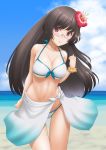  1girl bikini black_hair blue_sky breasts choukai_(kantai_collection) cleavage cloud collarbone commentary_request cowboy_shot day flower glasses hair_flower hair_ornament hibiscus highres horizon kantai_collection leaning_forward long_hair looking_at_viewer medium_breasts ocean outdoors red_eyes rimless_eyewear sarong scrunchie sky smile solo standing swimsuit t2r white_bikini white_sarong wrist_scrunchie 