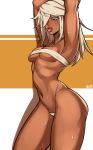  1girl alecto_0 arms_behind_back arms_up artist_name ass breasts cowboy_shot dark_skin from_side guilty_gear guilty_gear_xrd hair_over_one_eye highres hip_focus medium_breasts multicolored multicolored_background orange_background panties platinum_blonde_hair ramlethal_valentine signature string_panties sweat sweatdrop thighs tongue tongue_out underwear white_background white_panties yellow_eyes 