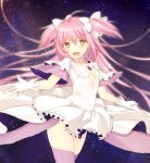  1girl blush bow breasts cleavage_cutout dress gloves hair_bow highres long_hair looking_at_viewer mahou_shoujo_madoka_magica nryk28 open_mouth pink_hair pink_legwear small_breasts smile solo space thighhighs two_side_up ultimate_madoka white_bow white_dress white_gloves yellow_eyes 
