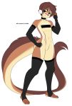  4_toes 5_fingers absurd_res anthro armwear black_nose brown_eyes brown_hair clothed clothing eyebrows eyelashes featureless_crotch fingers hair hi_res legwear looking_at_viewer lutrine mammal mustelid smile solo toes tsampikos 