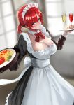 1girl apron aqua_eyes boudica_(fate/grand_order) bow bowtie breasts detached_collar fate/grand_order fate_(series) from_above glass indoors jikihatiman large_breasts maid maid_headdress plate puffy_sleeves red_hair solo tray window windows 