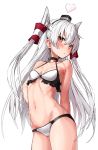  1girl :&lt; absurdres amatsukaze_(kantai_collection) bikini black_bikini blush breasts brown_hair choker cowboy_shot eyebrows_visible_through_hair fanbox_reward groin hair_between_eyes hair_tubes hairband hand_on_hip highres kantai_collection long_hair navel o-ring o-ring_bikini paid_reward silver_hair simple_background small_breasts solo swimsuit takanashi_kei_(hitsujikan) two_side_up white_background windsock 