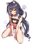  1girl absurdres animal_ear_fluff animal_ears bare_arms bare_legs bare_shoulders barefoot bell bell_choker between_legs black_bra black_choker black_hair black_panties blue_hair blush bra breasts cat_cutout cat_ears cat_girl cat_lingerie cat_tail choker cleavage cleavage_cutout closed_mouth collarbone fanbox_reward full_body gradient_hair green_eyes hand_between_legs highres jingle_bell karyl_(princess_connect!) kneeling long_hair low_twintails medium_breasts meme_attire multicolored_hair navel paid_reward panties paw_background princess_connect! princess_connect!_re:dive side-tie_panties solo streaked_hair tail takanashi_kei_(hitsujikan) twintails underwear underwear_only v-shaped_eyebrows very_long_hair white_background white_hair 