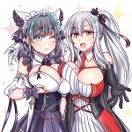  2girls ;3 azur_lane black_gloves black_hair blush bow breast_press breasts cape cheshire_(azur_lane) cleavage drake_(azur_lane) dress elbow_gloves eyebrows_visible_through_hair gloves green_eyes looking_at_viewer mabo-udon multiple_girls one_eye_closed open_mouth short_dress side_ponytail silver_hair smile strapless strapless_dress symmetrical_docking upper_body white_dress world_of_warships yellow_eyes 