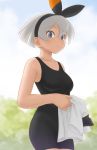  1girl black_bodysuit black_hairband bodysuit breasts closed_mouth collarbone commentary_request eyebrows_visible_through_hair eyelashes grey_eyes grey_hair gym_leader hair_between_eyes hairband holding looking_at_viewer pokemon pokemon_(game) pokemon_swsh saitou_(pokemon) short_hair solo xiin 