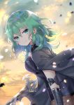  1girl absurdres byleth_(fire_emblem) byleth_(fire_emblem)_(female) closed_mouth fire_emblem fire_emblem:_three_houses from_side green_eyes green_hair highres holding holding_sword holding_weapon looking_to_the_side pantyhose petals smile solo sword sword_of_the_creator upper_body weapon yutsuchi 