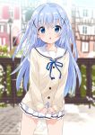  1girl :o absurdres bangs blue_eyes blue_hair blue_ribbon blurry blurry_background blush collarbone commentary_request depth_of_field eyebrows_visible_through_hair gochuumon_wa_usagi_desu_ka? hair_between_eyes hair_ornament highres kafuu_chino light_blue_hair long_hair long_sleeves looking_at_viewer mousou_(mousou_temporary) open_mouth pleated_skirt ribbon skirt sleeves_past_wrists solo two_side_up white_skirt x_hair_ornament 