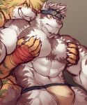 2017 5_fingers abs accessory anthro big_pecs blonde_hair bulge canid canine canis clothed clothing duo felid fingers fur hair headband hi_res horkeukamui istani kemono magan male male/male mammal muscular muscular_male pantherine pecs simple_background skimpy striped_body striped_fur stripes thong tiger tokyo_afterschool_summoners topless underwear video_games wolf yellow_eyes 