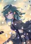  1girl absurdres blue_eyes blue_hair byleth_(fire_emblem) byleth_(fire_emblem)_(female) closed_mouth fire_emblem fire_emblem:_three_houses from_side highres holding holding_sword holding_weapon looking_to_the_side pantyhose petals smile solo sword sword_of_the_creator upper_body weapon yutsuchi 