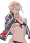  1girl ahoge artoria_pendragon_(all) bikini bikini_under_clothes black-framed_eyewear black_ribbon blonde_hair blush braid breasts brown_eyes closed_mouth commentary_request dated def_(chronowarld) fate/grand_order fate_(series) front-tie_bikini front-tie_top glasses groin highres jacket lifted_by_self long_sleeves looking_at_viewer lowleg lowleg_bikini medium_breasts mysterious_heroine_x_(alter) navel open_clothes open_jacket ribbon semi-rimless_eyewear shirt_lift short_hair_with_long_locks sidelocks signature simple_background solo stomach swimsuit two-tone_bow two-tone_jacket under-rim_eyewear underboob white_background 