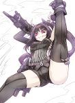  1girl architect_(girls_frontline) asymmetrical_clothes black_hair boots eyebrows_visible_through_hair from_below girls_frontline grin highres hip_vent hourai_kochou leg_up long_hair pink_eyes pink_nails pinstripe_pattern side_ponytail sketch smile solo striped thighhighs very_long_hair 