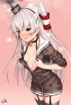  1girl absurdres amatsukaze_(kantai_collection) bangs black_panties blush breasts brown_dress brown_eyes collarbone dress eyebrows_visible_through_hair fanbox_reward flying_sweatdrops garter_straps hair_between_eyes hair_tubes hat highres kantai_collection long_hair long_sleeves looking_away mini_hat navel no_bra open_clothes open_mouth paid_reward panties red_background sailor_collar sailor_dress school_uniform see-through serafuku short_dress side-tie_panties silver_hair simple_background smoke solo standing steam sweat sweatdrop takanashi_kei_(hitsujikan) two_side_up underwear undressing wet windsock 