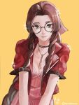  1girl absurdres aerith_gainsborough braid breasts brown_hair cleavage cropped_jacket dress english_commentary final_fantasy final_fantasy_vii final_fantasy_vii_remake glasses green_eyes highres jacket jewelry lips long_hair looking_at_viewer necklace pink_dress red_jacket ribbon round_eyewear simple_background smile solo the_kingduke upper_body yellow_background 