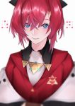  1girl absurdres ange_katrina blue_eyes bow close-up commentary eyebrows_behind_hair hair_between_eyes hair_bow highres huge_filesize jacket looking_at_viewer mano_aaa nijisanji red_hair solo triangle_hair_ornament virtual_youtuber white_jacket 