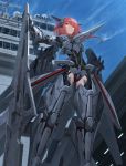  1girl ace_combat_7 armor ass_visible_through_thighs expressionless eyebrows_visible_through_hair from_below gun hair_between_eyes highres mecha_musume medium_hair orange_eyes personification red_hair rifle rocket sky solo standing tom-neko_(zamudo_akiyuki) weapon wind wings xfa-27 