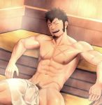  1boy abs alternate_hairstyle arms_at_sides bara beard brown_hair bulge chest closed_eyes collarbone facial_hair fanbox_reward fate/grand_order fate_(series) flaccid itto_(mentaiko) male_focus muscle napoleon_bonaparte_(fate/grand_order) navel nude paid_reward pubic_hair sauna scar shiny shiny_skin shirtless short_hair sitting smile solo towel towel_on_legs 