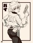  1990s_(style) 1girl 2019 ass bangs big_hair borrowed_character character_name commentary english_commentary eyebrows_visible_through_hair finger_on_trigger greyscale gun handgun highres jacket kellzallday looking_back marker_(medium) monochrome outside_border pants pi_(math) pi_(space_maria) pistol short_hair signature solo space_maria tight tight_pants traditional_media weapon 