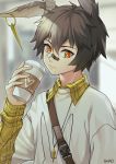  1boy absurdres animal_ears arknights ayerscarpe_(arknights) bandaid bandaid_on_nose bangs blurry blurry_background bunny_ears chinese_commentary coffee_cup commentary_request cup disposable_cup grey_hair hair_between_eyes hand_up heart highres holding holding_cup long_sleeves looking_at_viewer male_focus orange_eyes plaid shao_(shaorouhong) shirt upper_body white_shirt 