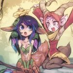  accessory animal_ear blue_eyes bottomless breasts brown_body brown_fur brown_hair cervid cervid_taur clothed clothing duo female forest fur greenglade_caretaker_(lor) hair hi_res horn humanoid_taur league_of_legends legends_of_runnaterra lillia_(lol) mammal mammal_taur open_mouth pt_crow_(artist) purple_body purple_eyes purple_skin raised_arm riot_games sitting taur tree video_games 