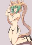  1girl ahoge alternate_hairstyle animal_ears atalanta_(fate) bikini black_bikini blonde_hair blush breasts cat_ears fate/apocrypha fate_(series) green_eyes green_hair hair_between_eyes kneeling looking_at_viewer multicolored_hair nahu navel short_hair side-tie_bikini small_breasts solo swimsuit tongue tongue_out 