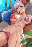  1girl absurdres american_flag_bikini asymmetrical_hair bangs bare_shoulders bikini blue_eyes blush breasts bun_cover candy cleavage collarbone fate/grand_order fate_(series) flag_print food hair_bun hair_ribbon highres knee_up large_breasts lollipop long_hair looking_at_viewer lying miyamoto_musashi_(fate/grand_order) miyamoto_musashi_(swimsuit_berserker)_(fate) navel on_back open_mouth pink_hair poolside ribbon shrug_(clothing) side_bun suiroh_(shideoukami) swept_bangs swimsuit thighs tongue tongue_out water 