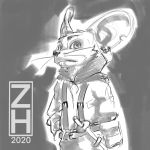  1:1 2020 anthro belt black_and_white buckteeth cape cloak clothing digital_media_(artwork) ear_piercing greyscale hi_res male mammal melee_weapon monochrome mouse murid murine notched_ear piercing portrait rodent signature simple_background sketch solo sword teeth weapon whiskers zhearun 
