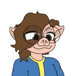  anthro beauty_mark brown_eyes brown_hair eyewear glasses hair hi_res male mammal quidhansed solo suid suina sus_(pig) vault_suit 