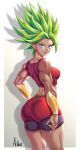  1girl achromaru ass biceps blonde_hair blue_eyes border breasts dragon_ball dragon_ball_super earrings english_commentary jewelry kale_(dragon_ball) looking_at_viewer looking_back medium_breasts midriff muscle muscular_female shadow signature solo spiked_hair super_saiyan white_border 