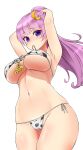  1girl animal_print arms_up bangs bikini blunt_bangs breasts cameltoe cow_print crescent crescent_hair_ornament front-tie_bikini front-tie_top hair_ornament highres large_breasts long_hair looking_at_viewer mouth_hold patchouli_knowledge ponytail purple_eyes purple_hair shiron_(e1na1e2lu2ne3ru3) side-tie_bikini simple_background solo standing stomach string_bikini swimsuit touhou underboob white_background white_bikini 