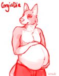  anthro bottomwear canid canine canis clothing domestic_dog fuzzbee hands_on_belly herding_dog hi_res male male_pregnancy mammal pastoral_dog pregnant shorts solo standing welsh_corgi 