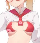  1girl :3 bikini bikini_top blonde_hair closed_mouth commentary_request glasses lia_(pokemon) long_hair necktie poke_ball_print pokemon pokemon_(game) pokemon_cafe_mix quchi_huoguoba red-framed_eyewear red_bikini red_neckwear shiny shiny_skin simple_background smile solo swimsuit white_background 