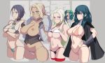  5girls :d bikini black_bikini black_choker black_cloak blonde_hair blue_bikini blue_eyes blue_hair blush breast_rest breast_suppress breasts brown_gloves byleth_(fire_emblem) byleth_(fire_emblem)_(female) catherine_(fire_emblem) chibi choker cloak closed_mouth crossed_arms detached_collar edelgard_von_hresvelg embarrassed fire_emblem fire_emblem:_three_houses gloves green_eyes green_hair grey_background grey_gloves hair_ribbon hand_on_hip hands_up highres large_breasts long_hair looking_at_viewer medium_breasts medium_hair micro_bikini mikoyan mini_necktie multiple_girls navel nipple_slip nipples open_mouth pink_bikini ponytail pubic_hair purple_eyes purple_hair red_ribbon ribbon ringed_eyes shamir_nevrand short_hair smile sothis_(fire_emblem) sparkle sweatdrop swimsuit underbust white_bikini 