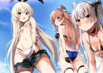  3girls adjusting_clothes adjusting_swimsuit amatsukaze_(kantai_collection) ass bikini black_bikini black_gloves black_legwear black_ribbon blonde_hair blue_bikini blue_sky blue_swimsuit blush breasts brown_eyes choker cleavage cowboy_shot day dimples_of_venus fanbox_reward gloves grey_hair hair_ornament hair_ribbon half_gloves highres johnston_(kantai_collection) kantai_collection light_brown_hair long_hair looking_back medium_breasts multiple_girls outdoors paid_reward pants_down ribbon shimakaze_(kantai_collection) shorts shorts_removed silver_hair single_glove sky small_breasts string_bikini sweatdrop swimsuit swimsuit_pull takanashi_kei_(hitsujikan) thigh_strap two_side_up underboob wavy_mouth white_bikini yellow_eyes 