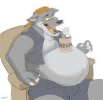  2019 absurd_res alcohol anthro beer belly beverage beverage_can big_belly bulge burping canid canine canis canson claws clothing fangs fur grey_body grey_fur hat headgear headwear hi_res male mammal navel object_on_belly overweight overweight_male sitting solo tongue unbuttoned_shirt unzipped unzipped_pants wolf 