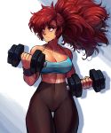  1girl absurdres becurvello big_hair breasts cleavage clenched_hands collarbone commentary cowboy_shot crop_top dumbbell english_commentary exercise hair_pulled_back highres looking_to_the_side maria_(space_maria) medium_breasts messy_hair midriff nose pants red_eyes red_hair scar solo space_maria spaghetti_strap sweat tan thick_thighs thigh_gap thighs weightlifting wristband yoga_pants 