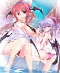  2girls :d alternate_hairstyle ass bangs bare_legs bare_shoulders barefoot bat_wings bikini bikini_pull black_bikini blue_bow blue_hair blush bow breasts criss-cross_halter demon_wings dutch_angle eyebrows_visible_through_hair fang from_below fumitsuki_(minaduki_6) hair_between_eyes hair_bow halterneck highres indoors koakuma large_breasts long_hair looking_at_viewer multiple_girls off_shoulder open_mouth pink_bikini pointy_ears ponytail pulled_by_self red_bow red_eyes red_hair remilia_scarlet see-through shirt short_hair sidelocks sitting slit_pupils small_breasts smile soaking_feet swimsuit thighs tied_shirt touhou water wet wet_clothes wet_shirt white_shirt wings 