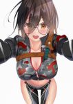  1girl absurdres bespectacled blush breasts brown_hair cleavage commentary_request glasses hair_between_eyes highres hololive knife large_breasts looking_at_viewer navel open_mouth pov reaching_out roboco-san short_hair simple_background solo_focus virtual_youtuber white_background yellow_eyes 